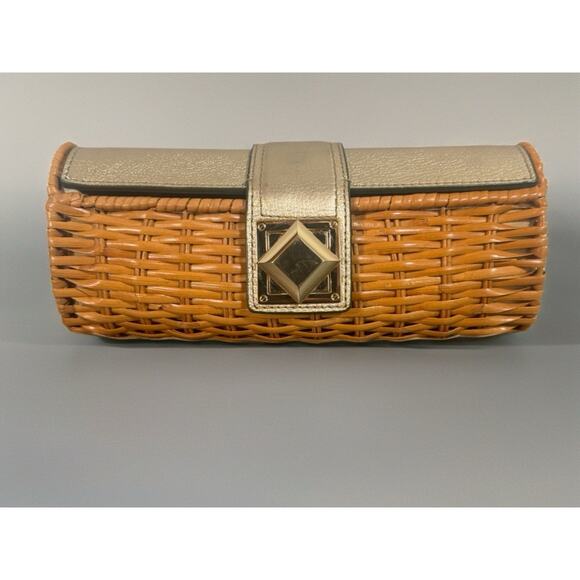 Michael Kors Wicker Clutch Purse Santorini Gold Leather Rattan Coastal Vacation - Picture 1 of 16